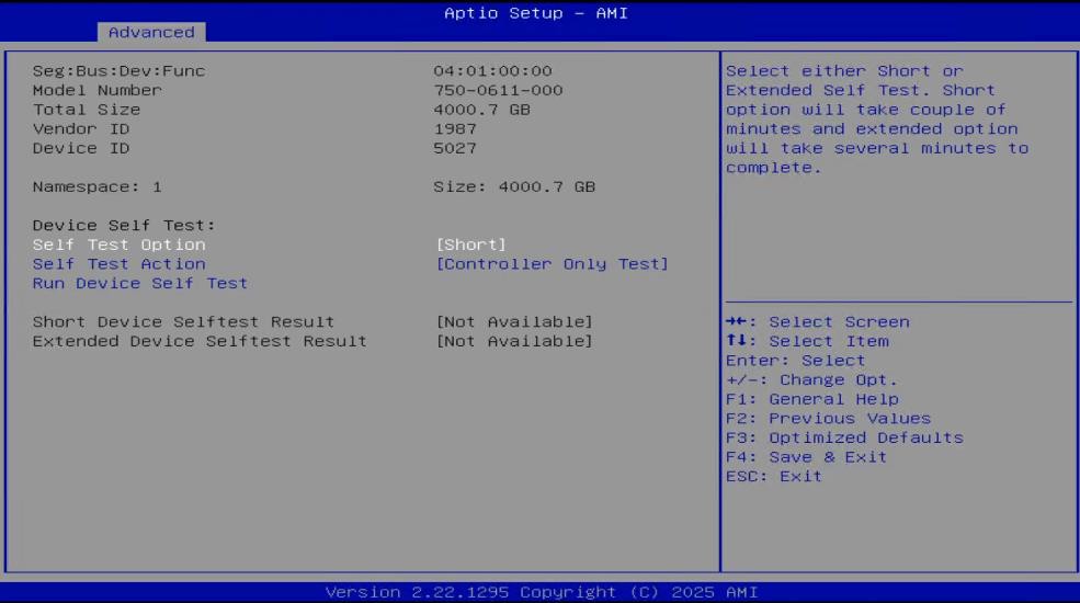 NVMe device details with self-test options