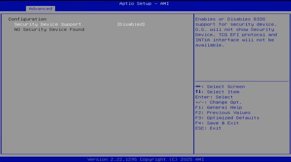 Trusted Computing settings with TPM device support options
