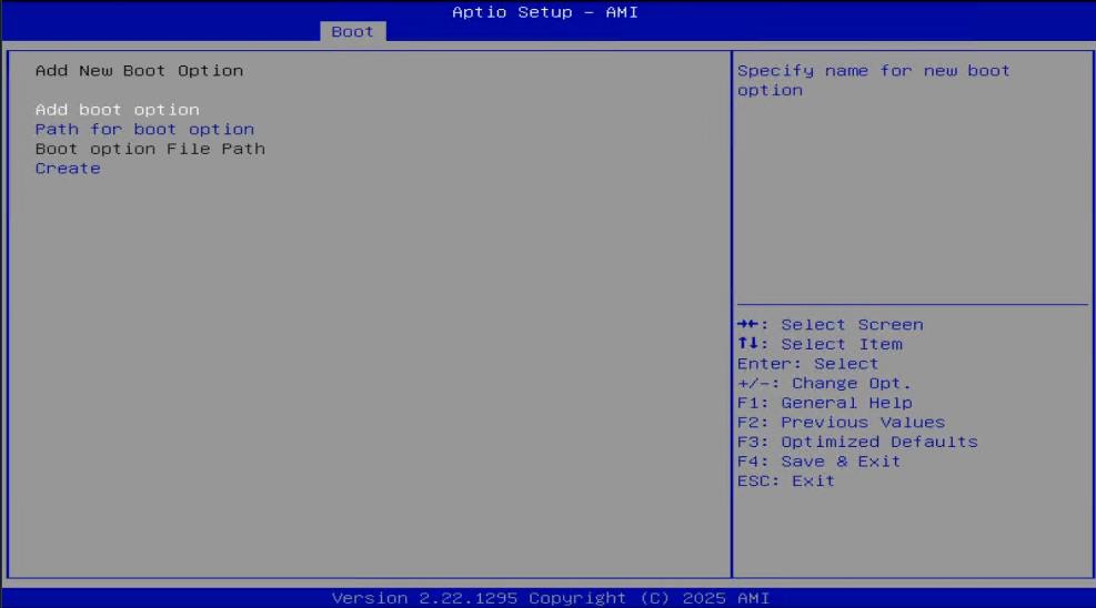 Add New Boot Option screen