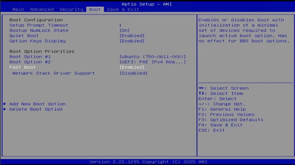 Fast Boot settings with Network Stack Driver Support