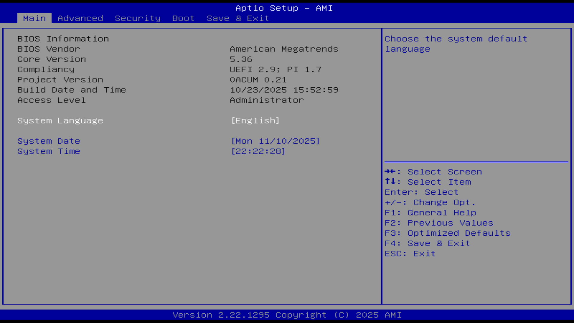 UEFI Main tab showing system information and date/time settings
