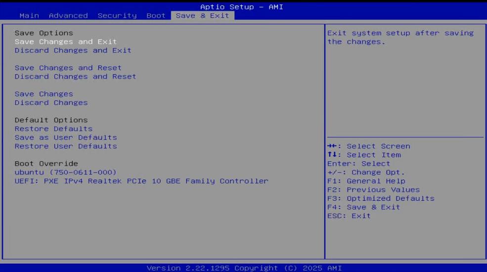 UEFI Save & Exit tab with save and restore options