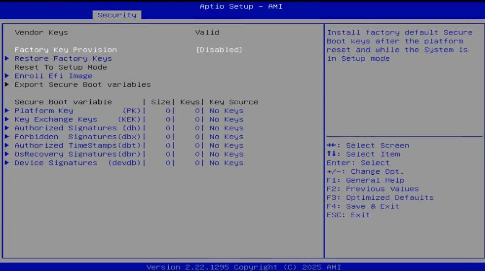 Expert Key Management screen with secure boot variables