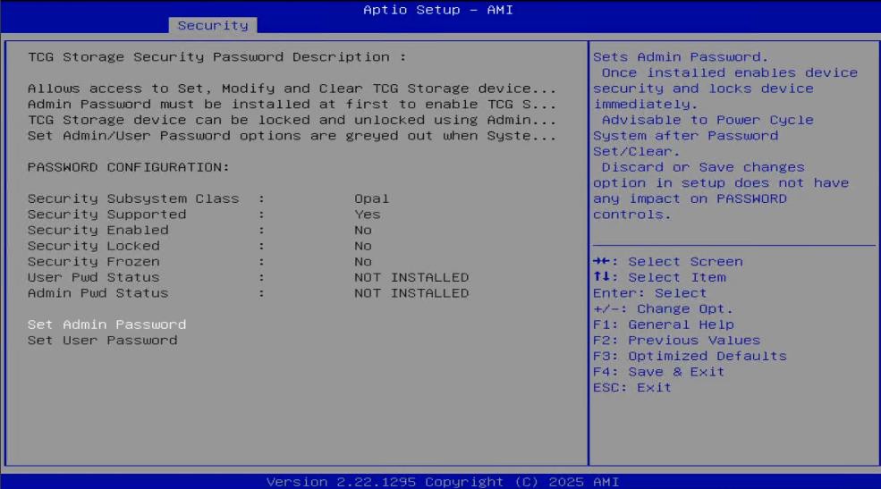 TCG Storage Security Configuration screen