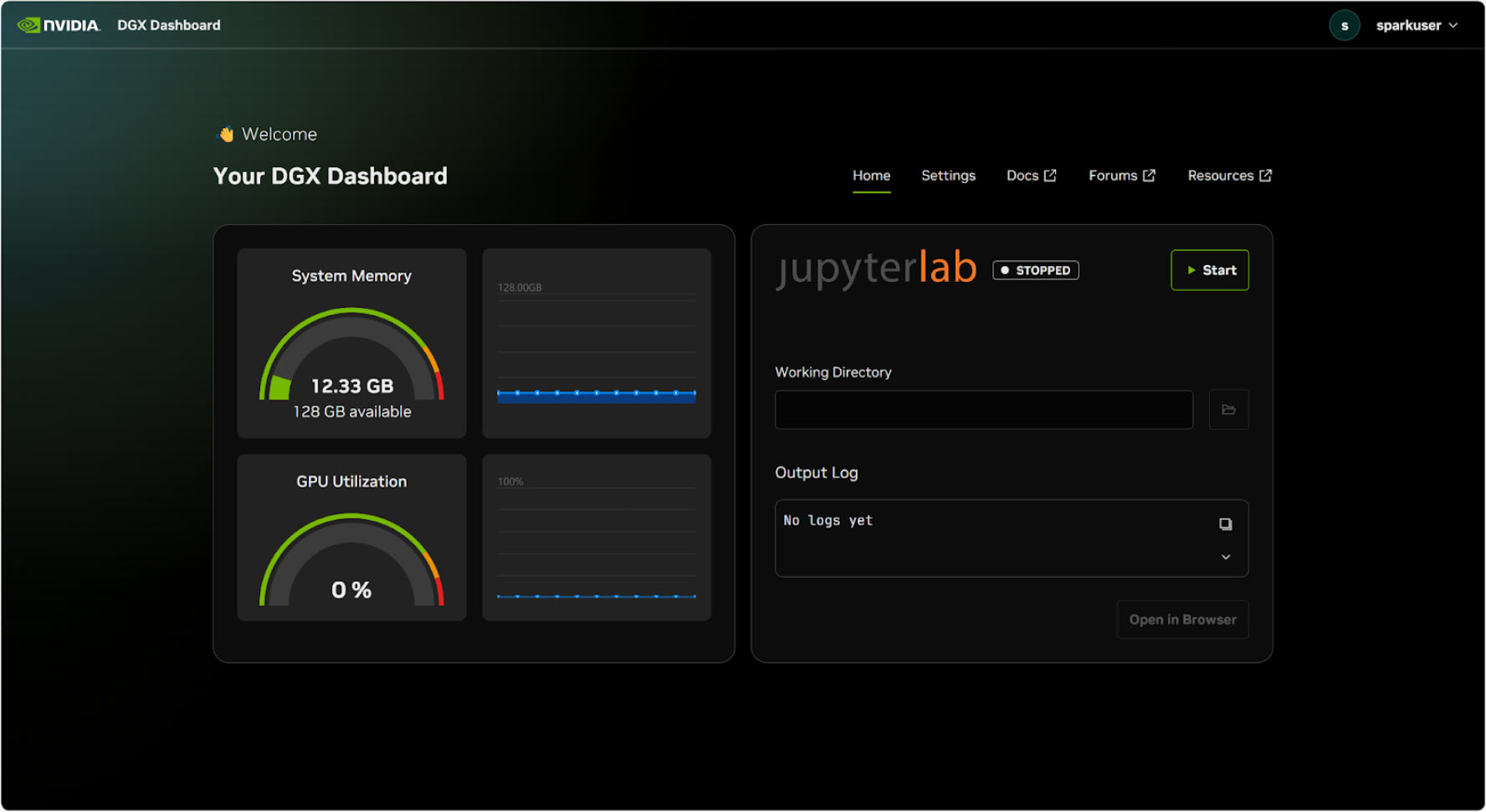 DGX Dashboard showing system metrics and JupyterLab controls