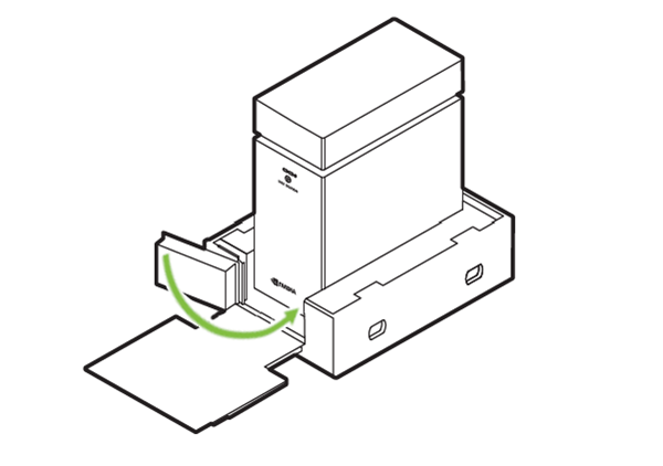 Line drawing showing the front packing piece being removed from the bottom tray of the DGX Station A100 shipping carton.