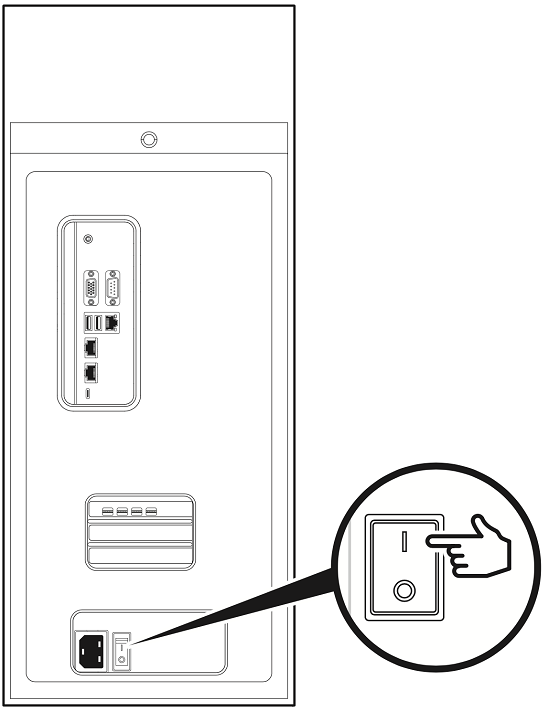 Line drawing showing the operation of the DGX Station A100 PSU rocker switch to the ON position.