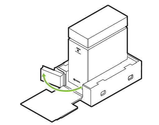 Line drawing showing the front packing piece being removed from the bottom tray of the DGX Station A100 shipping carton.