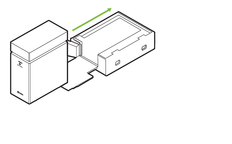 Line drawing showing the DGX Station A100 being rolled into the bottom tray of its shipping carton.