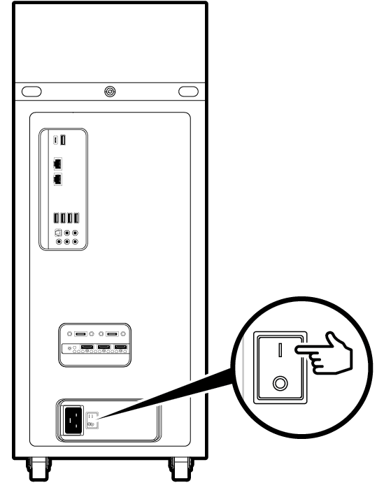 Line drawing showing the operation of the DGX Station PSU rocker switch to the ON position.