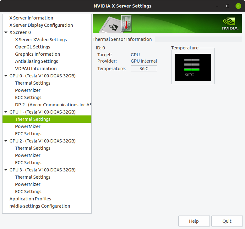 Screen capture of the NVIDIA X Server Settings window showing GPU thermal settings.