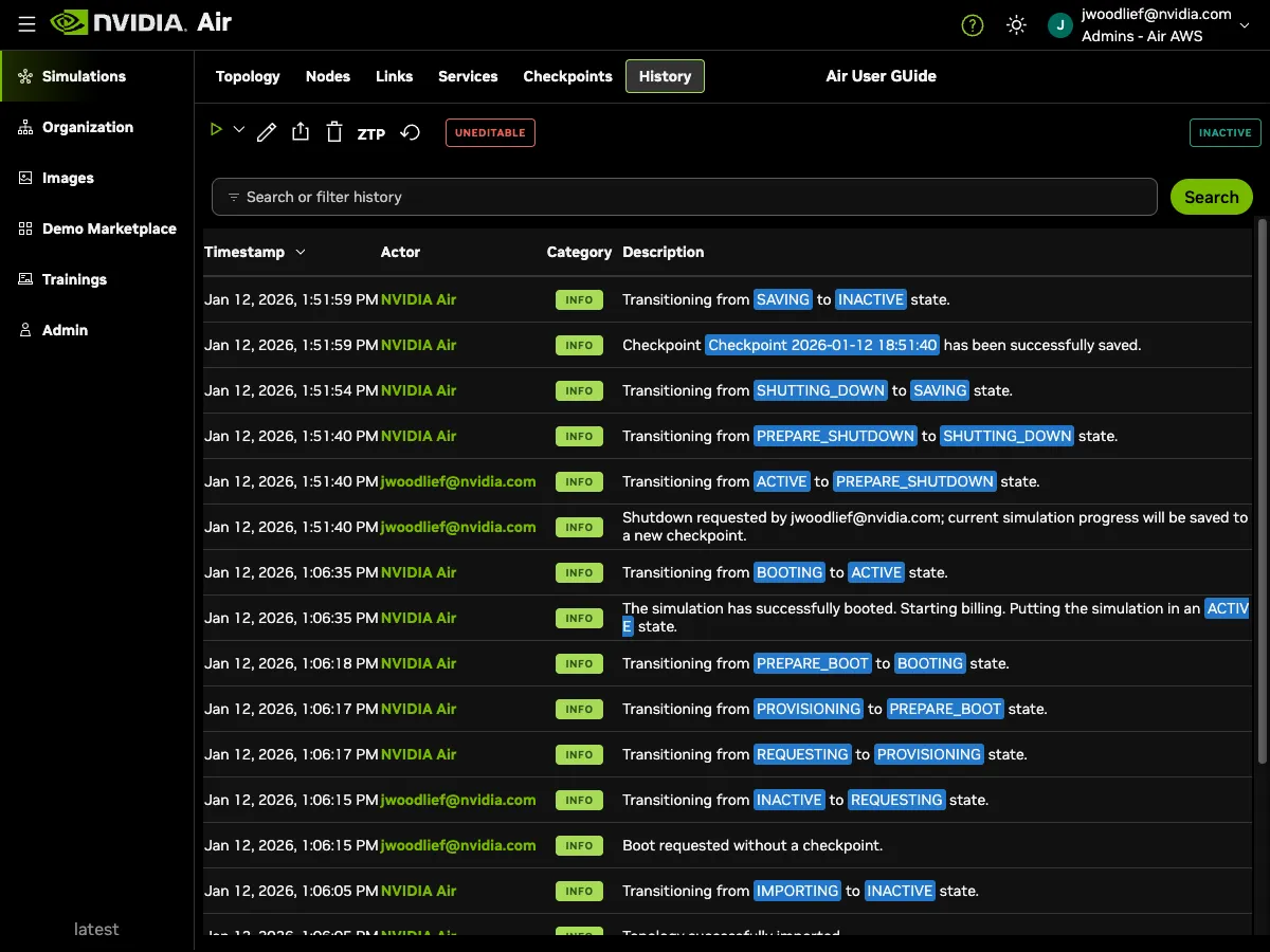 History tab showing simulation events