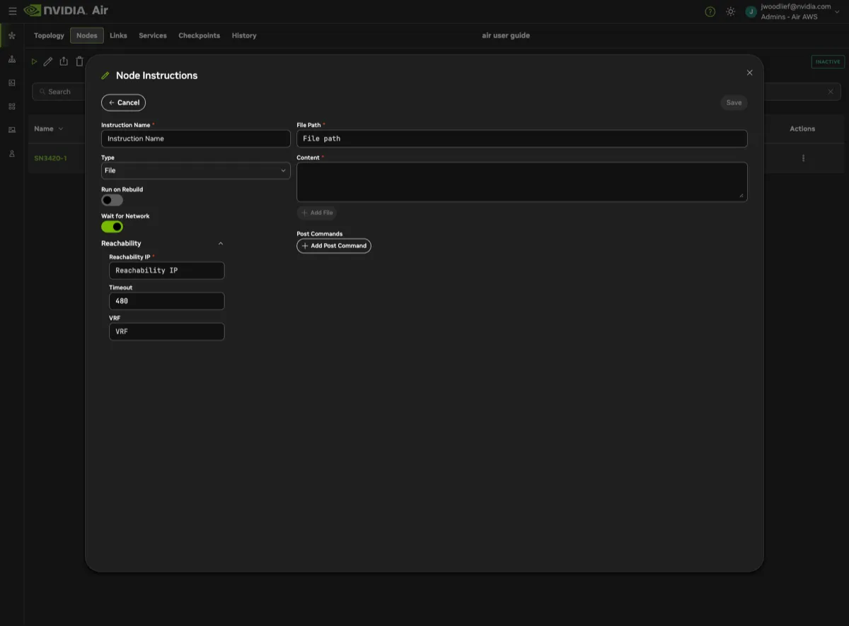 Instruction editor showing Wait for Network toggle and Reachability settings