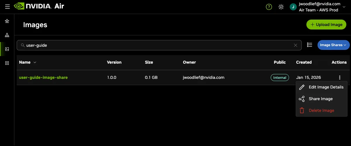 Actions menu showing Share Image option