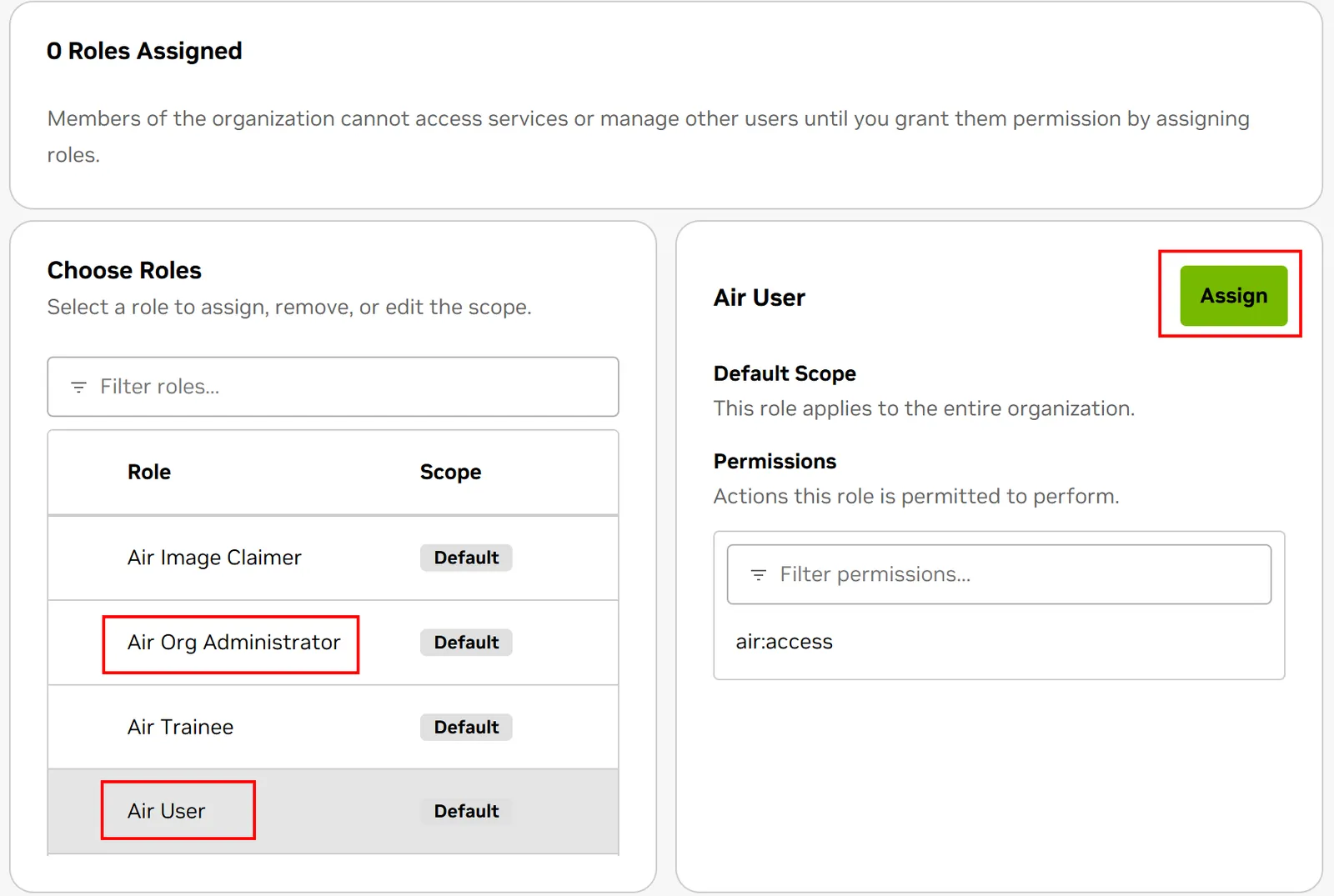 Assign Air roles to a user
