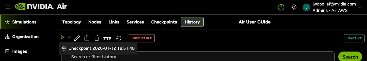 Start simulation dropdown showing available checkpoints