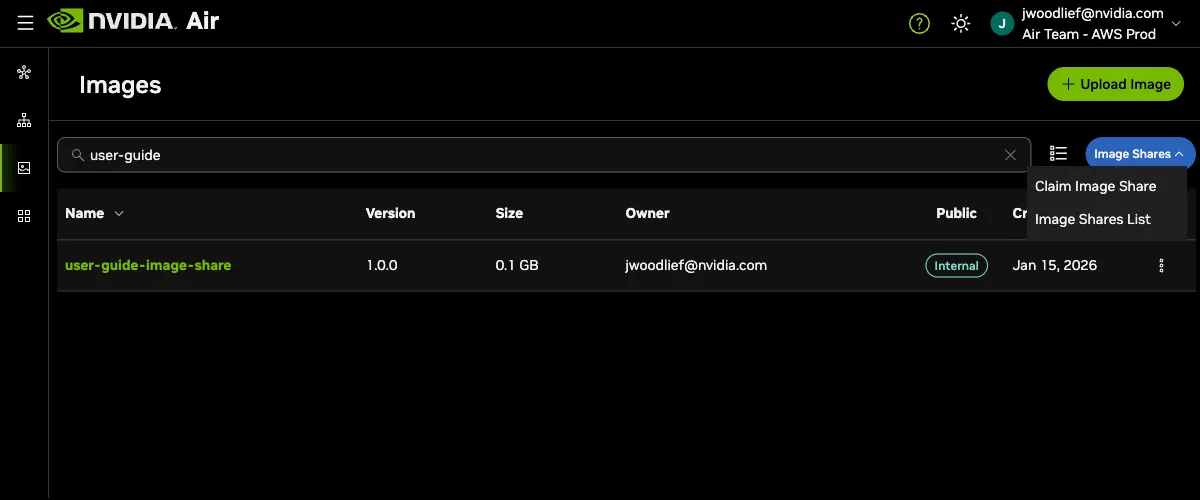 Image Shares dropdown with Claim Image Share option