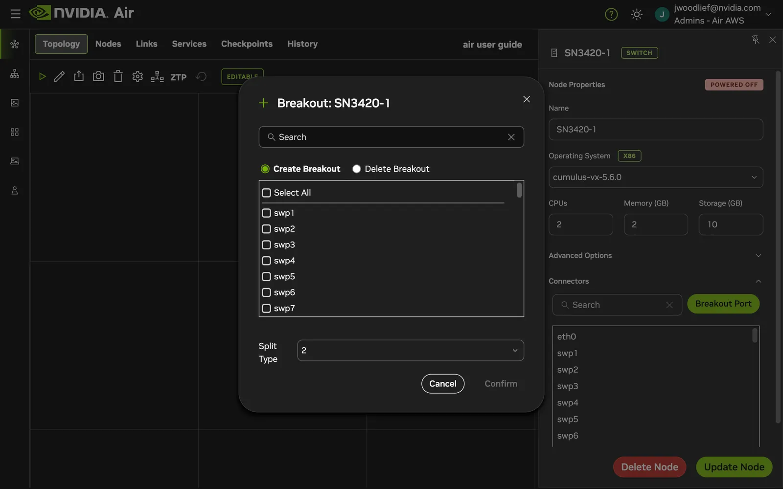 Breakout Port dialog showing port selection and split type