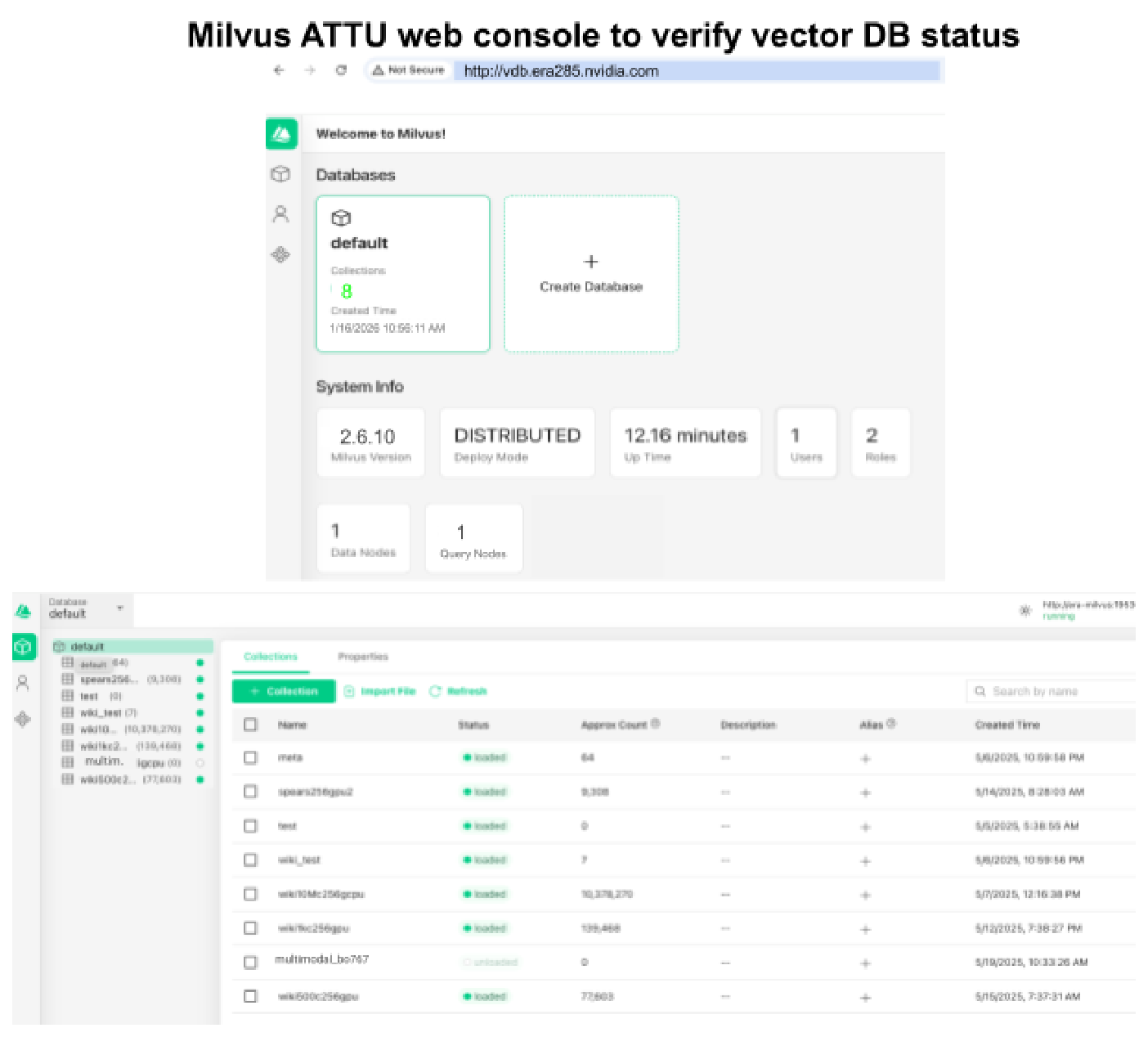 Milvus ATTU web console showing collection status