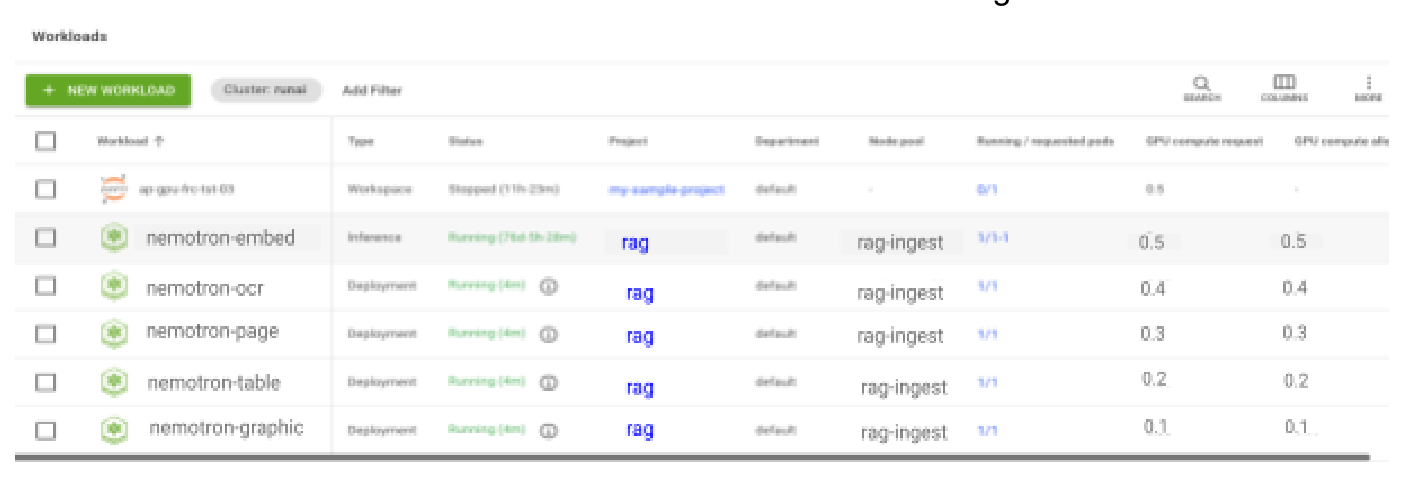 Run:ai Workloads dashboard showing Embedding and Extraction NIM microservices running in the rag-ingest nodePool
