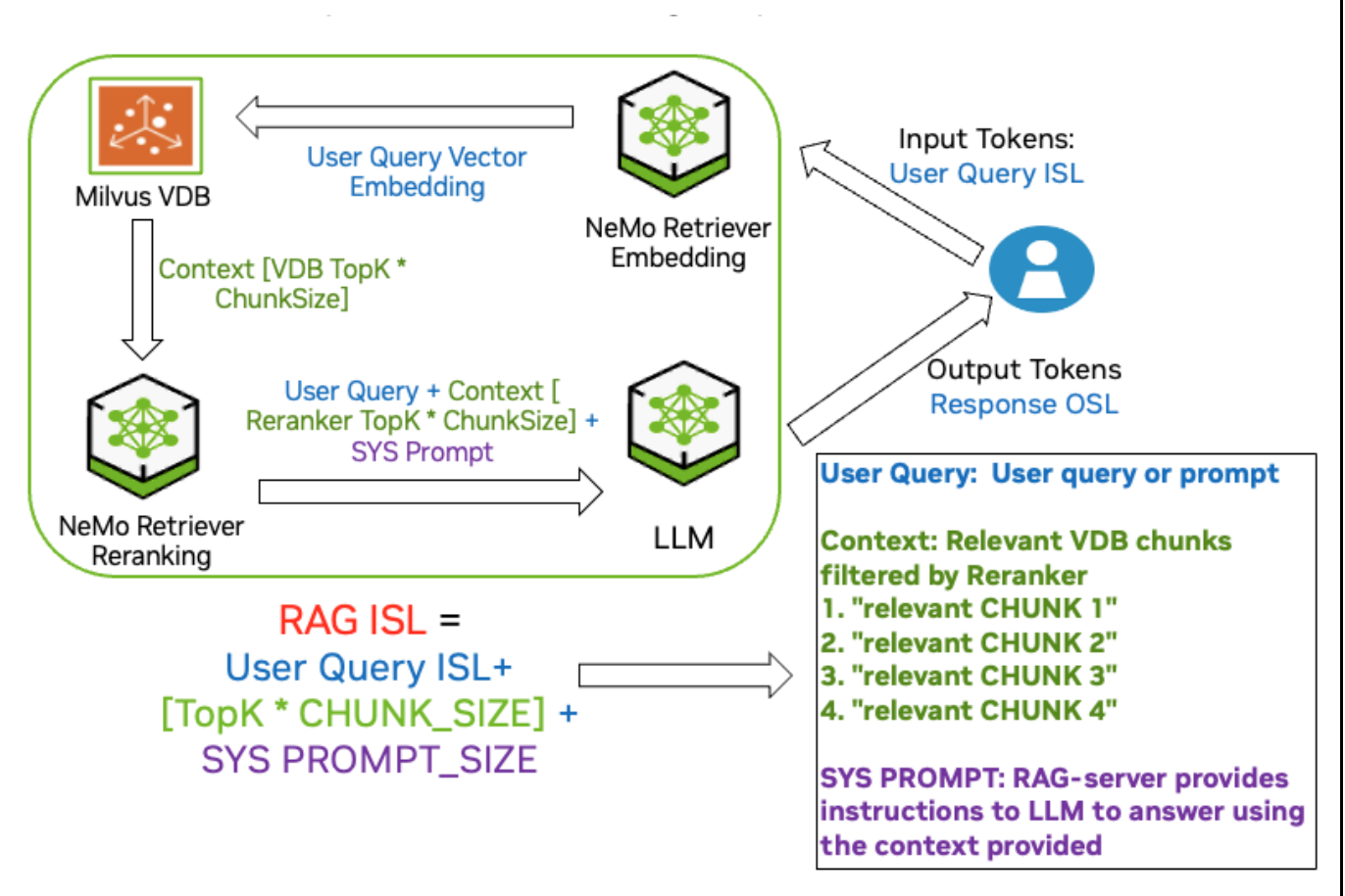 RAG-ON Benchmark diagram showing user query flowing through RAG server, Embedding NIM, Milvus VDB, Reranker NIM, and LLM NIM