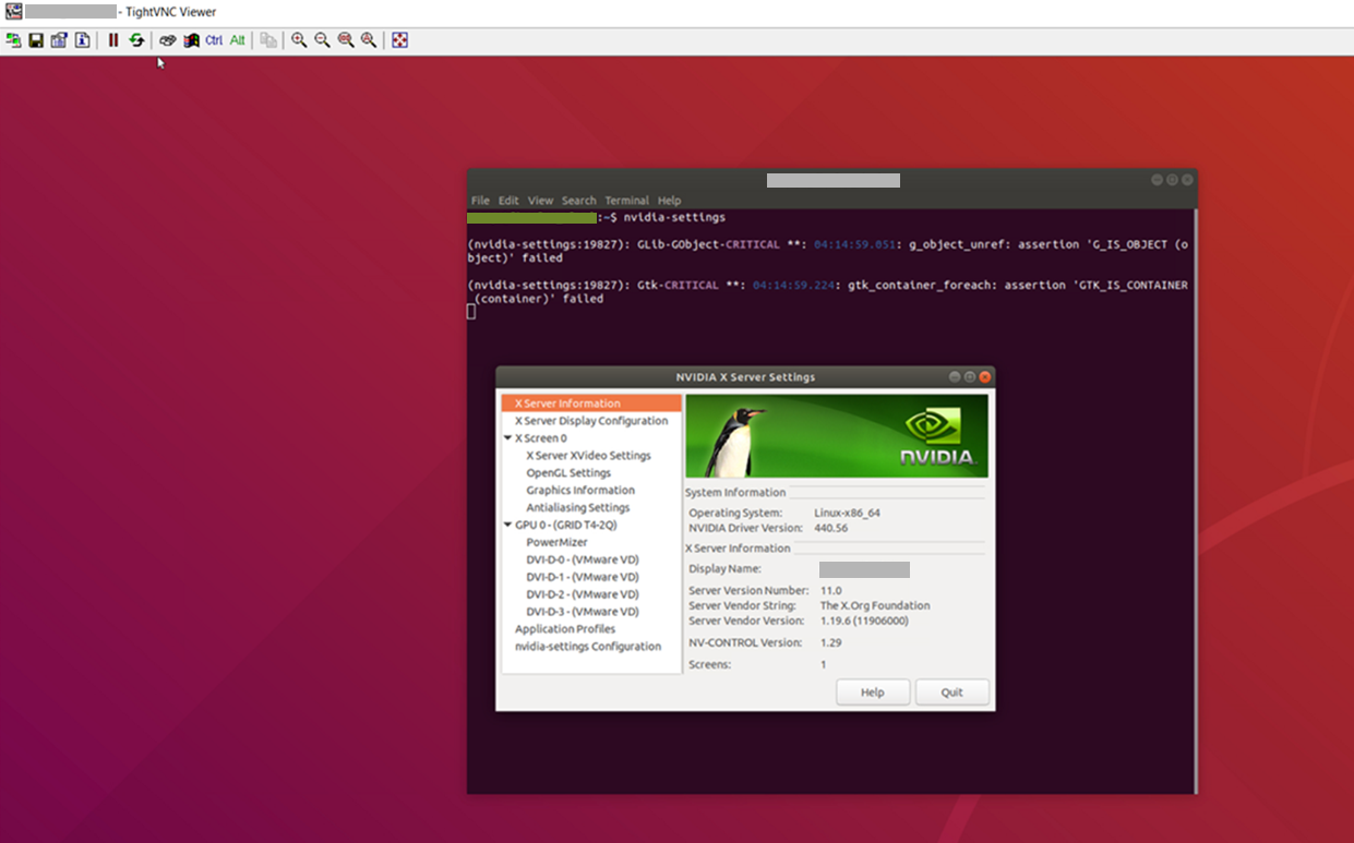 Screen capture showing NVIDIA X Server Settings running in a Gnome desktop X session in the TightVNC Viewer window.
