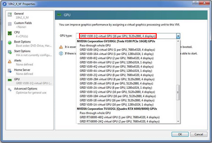 Screen capture showing misleading information about Q-series and B-series vGPU types in the GPU type drop-down list in the Citrix XenCenter management GUI