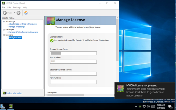 Screen capture showing the appearance of the NVIDIA license not present notification on a Windows desktop