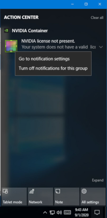 Screen capture showing Windows notifications for NVIDIA Container in Action Center