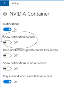 Screen capture showing the Show notification banners option for NVIDIA Container set to Off