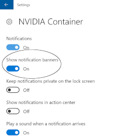 Screen capture showing the Show notification banners option for NVIDIA Container set to On