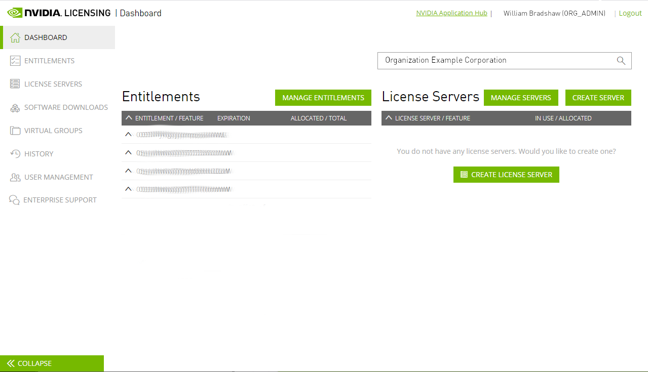 Screen capture showing the NVIDIA Licensing Portal dashboard with no license servers.