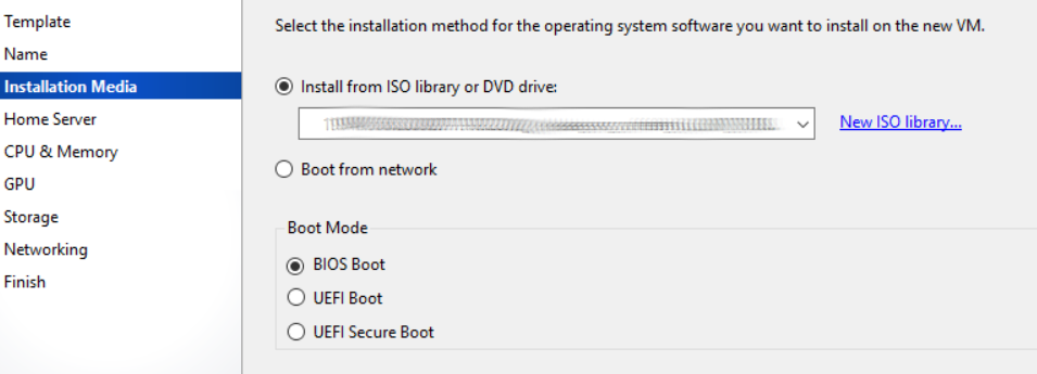 Screen capture showing the selction of BIOS Boot mode during creation of a VM in Citrix Hypervisor