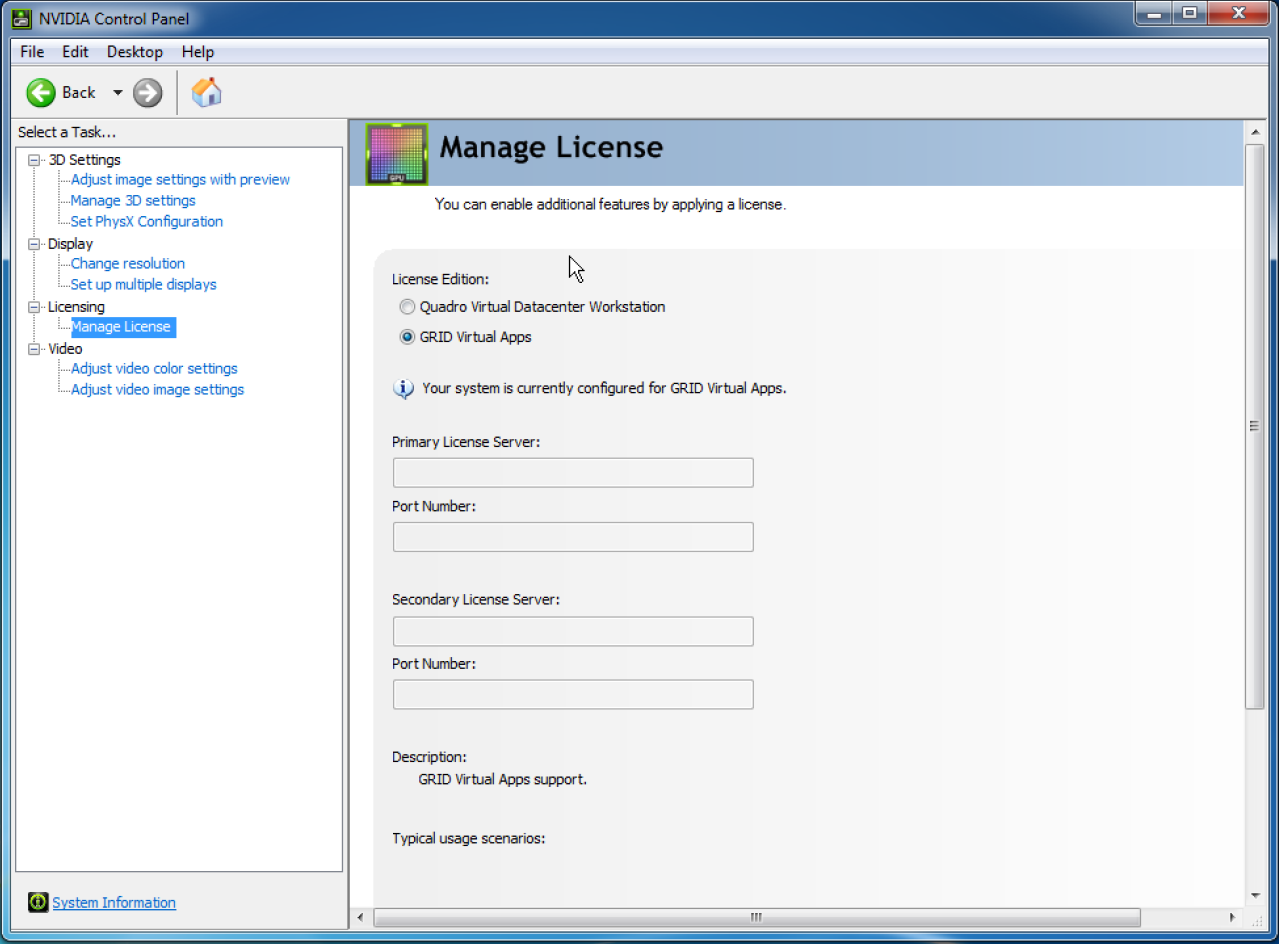 Screen capture showing the Manage License option in NVIDIA Control Panel for a vWS license