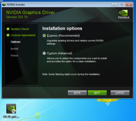 Screen capture showing NVIDIA driver installation