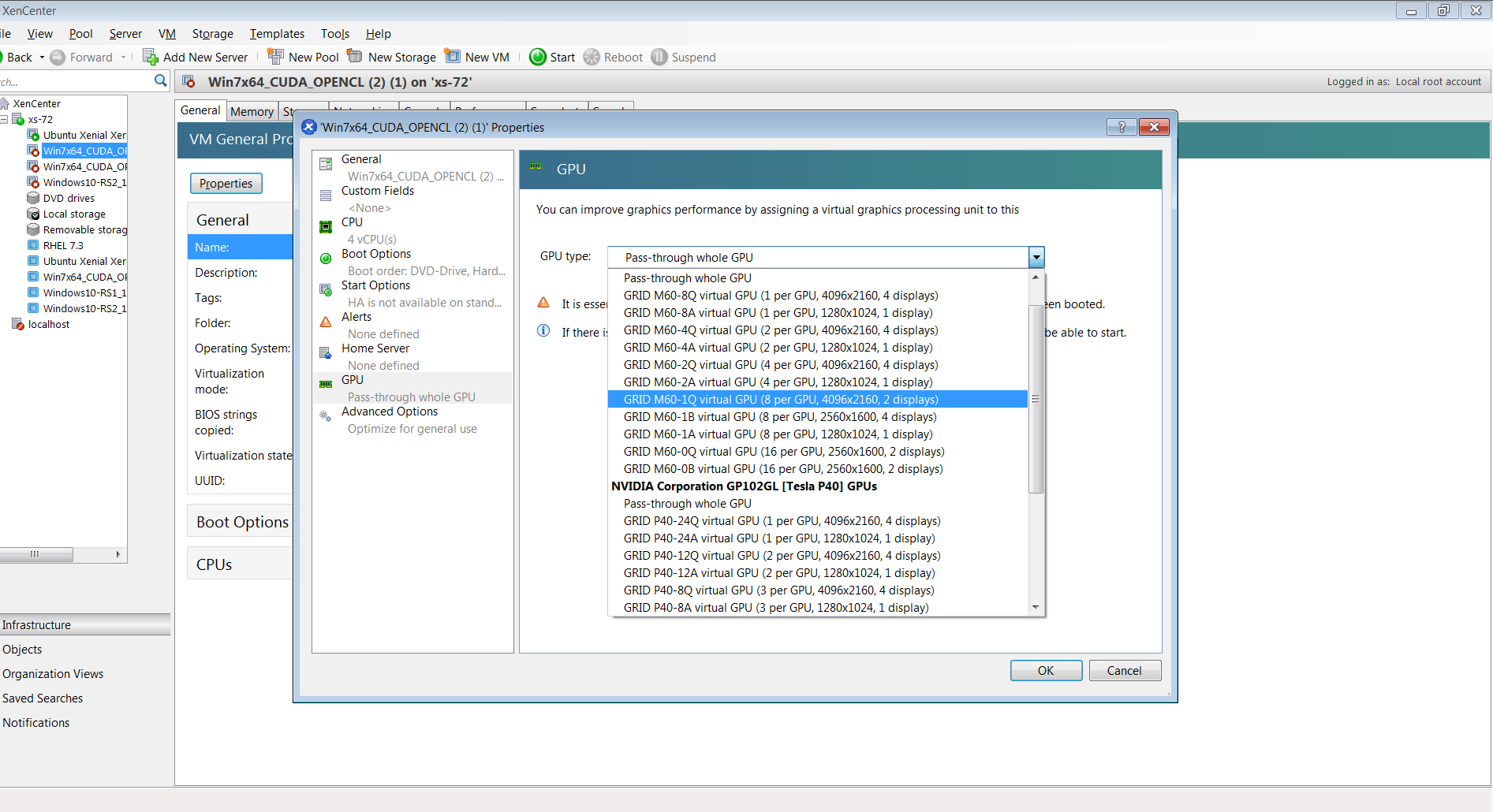 Screen capture showing the use of XenCenter to configure a VM with a vGPU