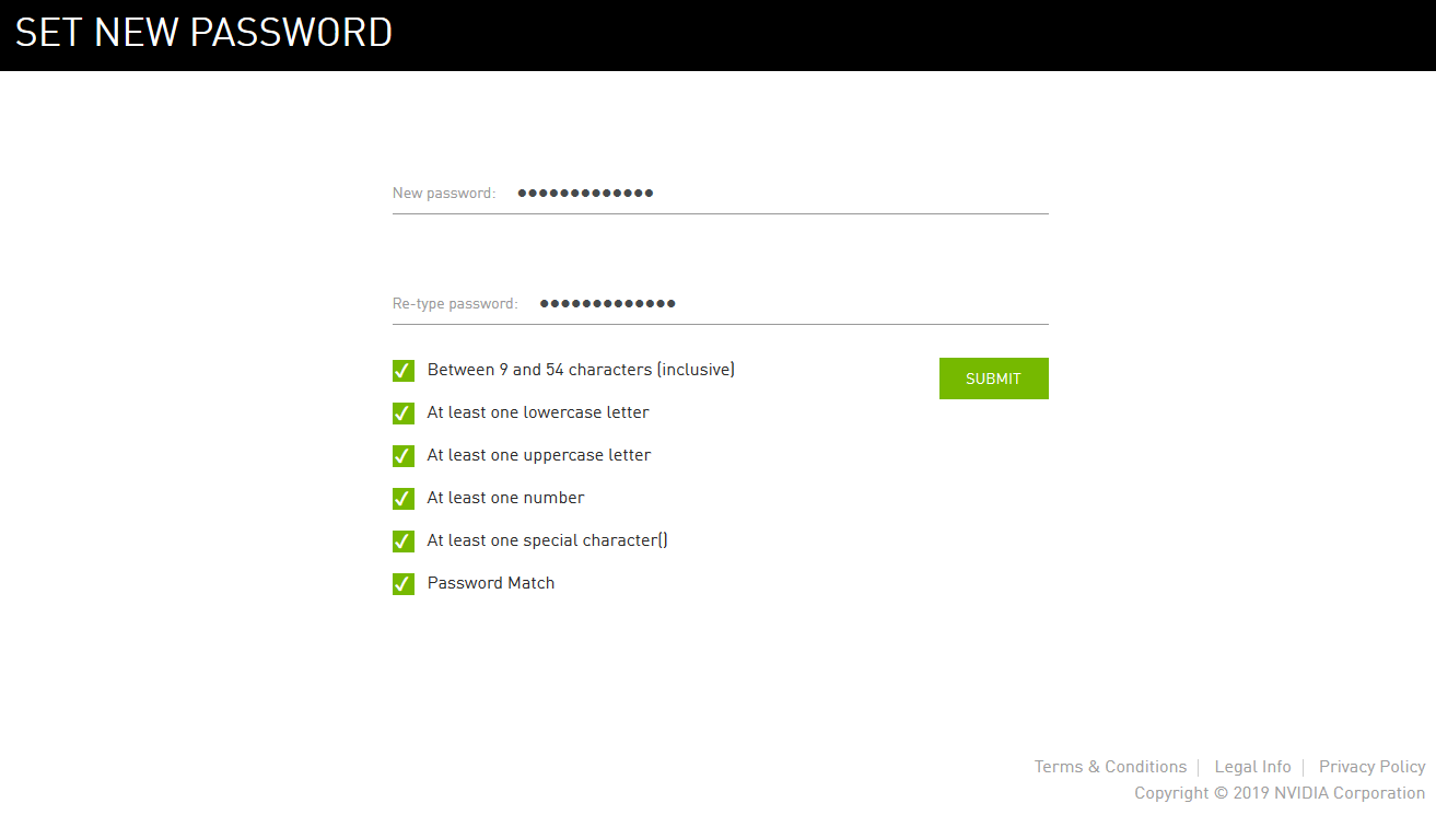 Screen capture showing the dialog box for creating an NVIDIA Enterprise Account password.