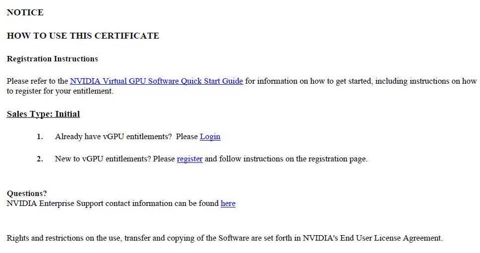 Screen capture showing instructions for using an NVIDIA Entitlement Certificate