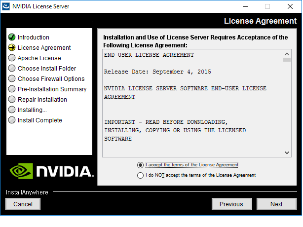 Screen capture showing license agreements for the license server on Windows.