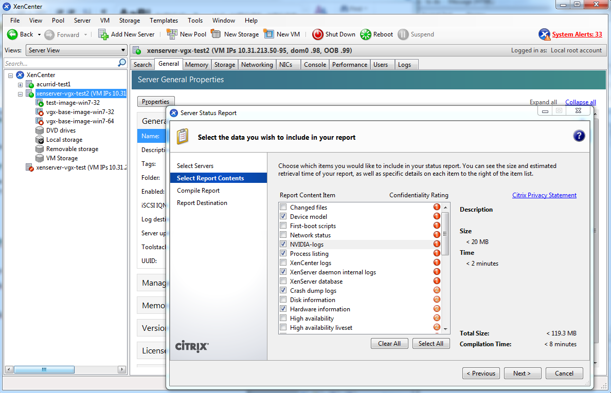 Screen capture of Citrix XenCenter showing how to include NVIDIA logs in a Citrix Hypervisor status report