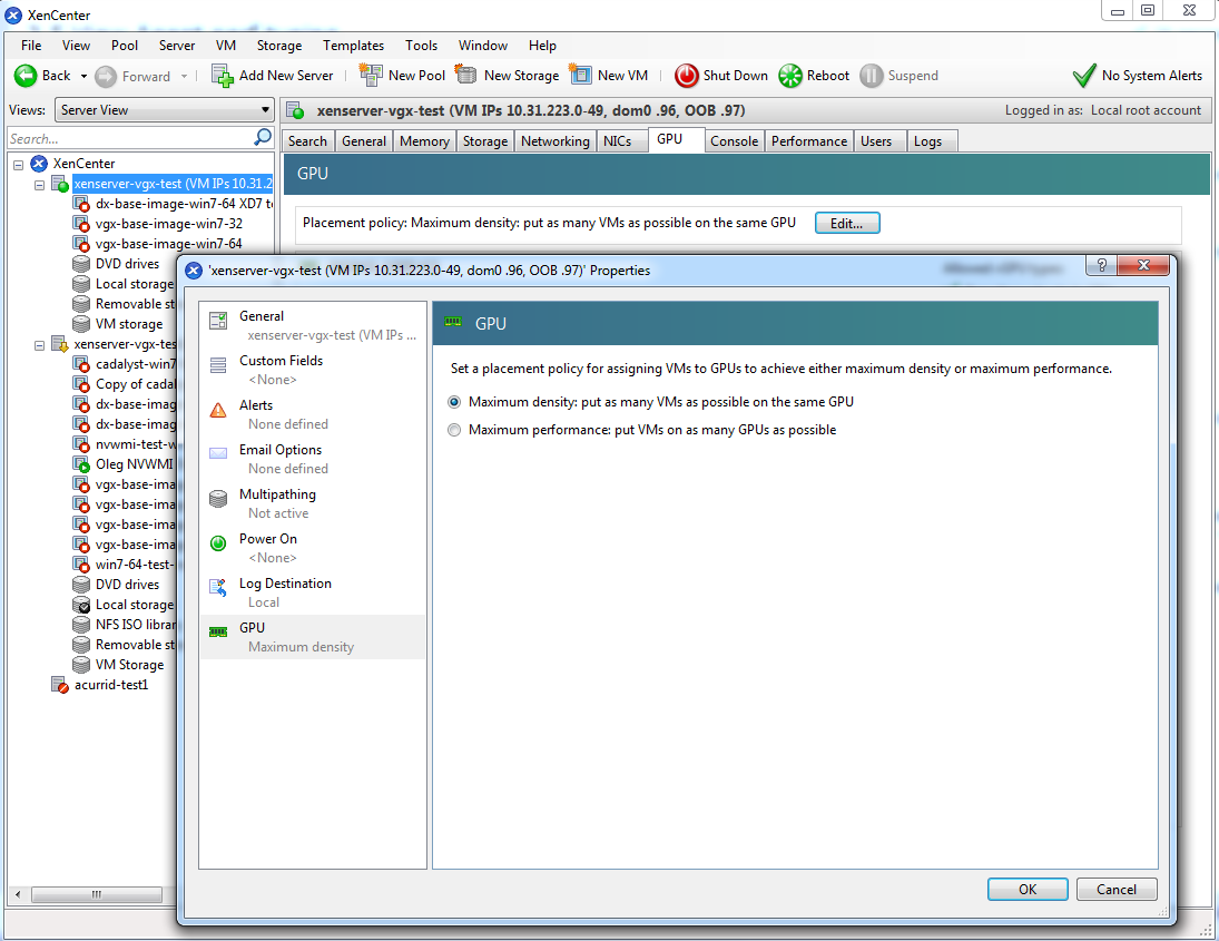 Screen capture showing how to use the GPU tab in XenCenter to control GPU placement policy