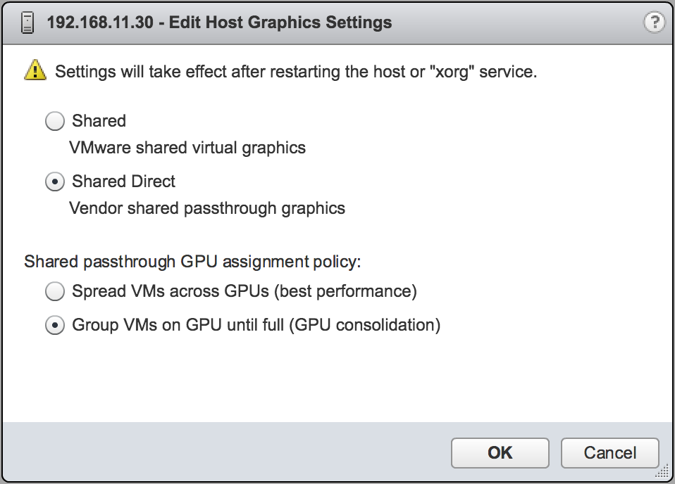 Screen capture showing the Edit Host Graphics Settings dialog box in the VMware vCenter Web UI for changing the allocation scheme for vGPU-enabled VMs