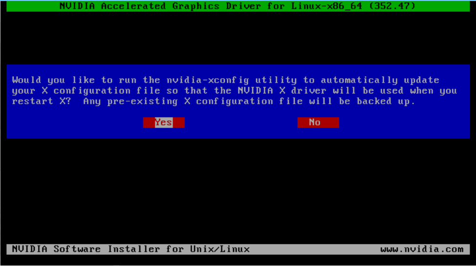 Screen capture of the character-based user interface of the NVIDIA Linux driver installer displaying the prompt to update the X configuration file (xorg.conf) settings