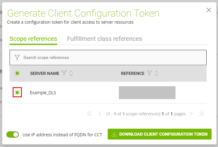 Screen capture showing the selection of scope references and fulfillment class references for inclusion in a client configuration token