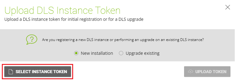 Screen capture showing the SELECT INSTANCE TOKEN button to upload a DLS instance token.