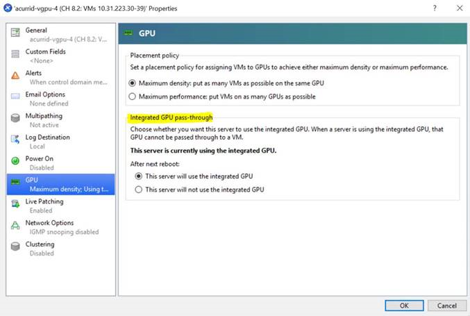 Screen capture showing the Integrated GPU pass-through option in the GPU settings window of Citrix Hypervisor