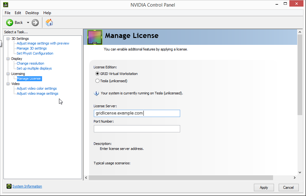 Screen capture showing the Manage License option in NVIDIA Control Panel for a Virtual Worksatation license with the License Server field filled out