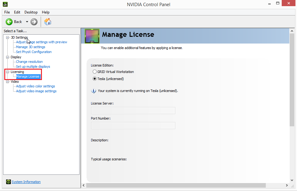 Screen capture showing the Manage License option in NVIDIA Control Panel for a Virtual Worksatation license