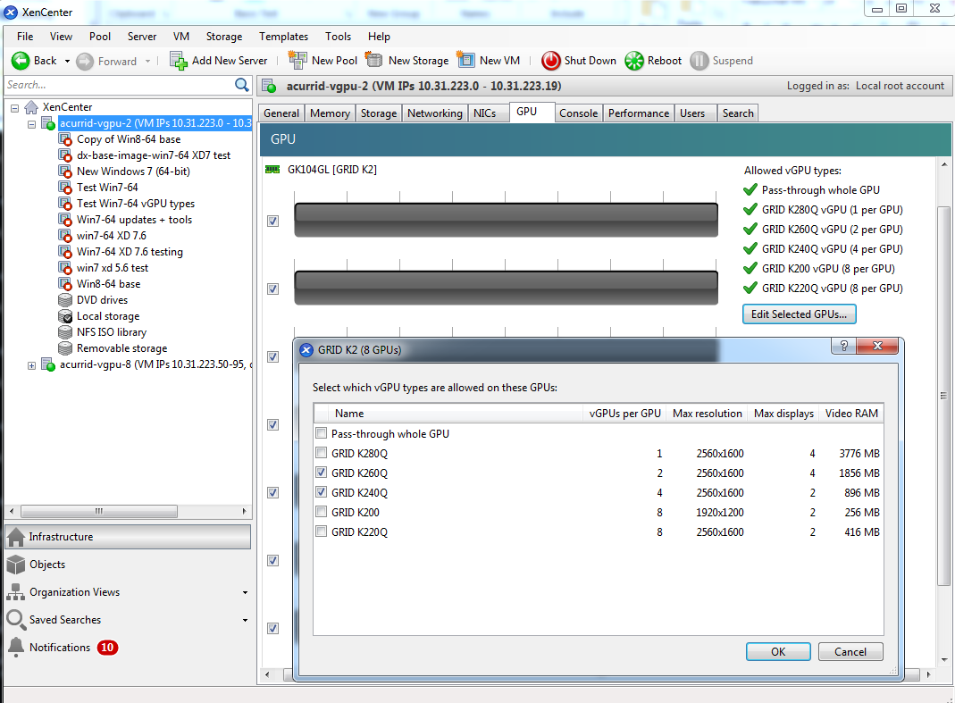 Screen capture showing how to edit a GPU’s enabled vGPU types using XenCenter