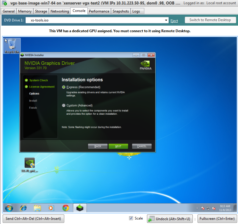 Screen capture showing NVIDIA driver installation in the guest XenServer VM